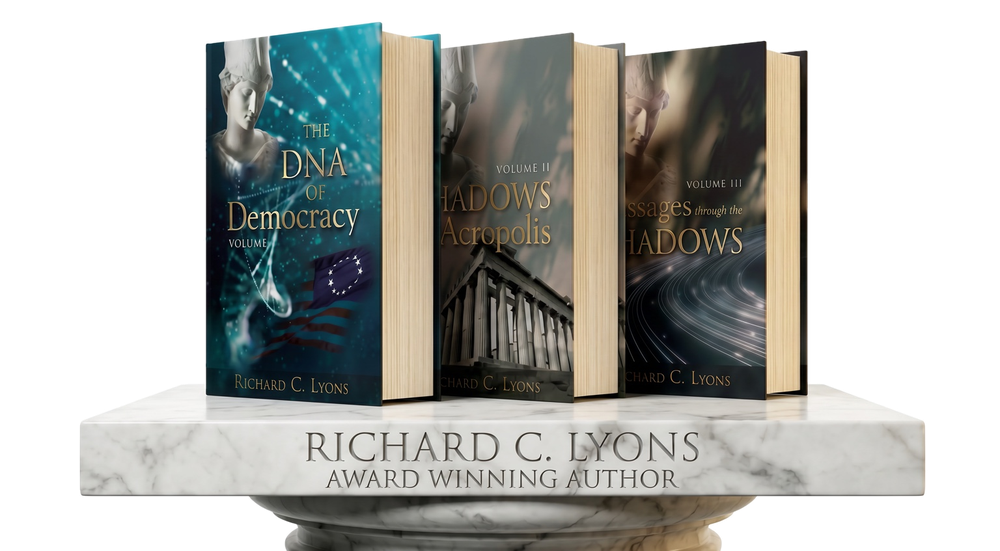 The DNA of Democracy series by Richard C. Lyons — three volumes on a marble pedestal