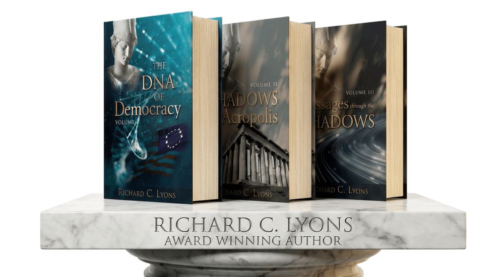 The DNA of Democracy series by Richard C. Lyons — three volumes on a marble pedestal